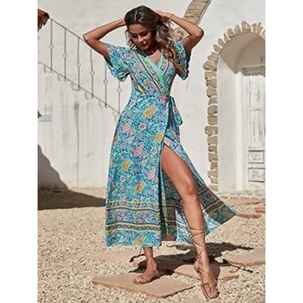 ZESICA Women Turquoise Floral Boho Wrap Maxi Dress Long Sleeve Ruffle Hem Sz M